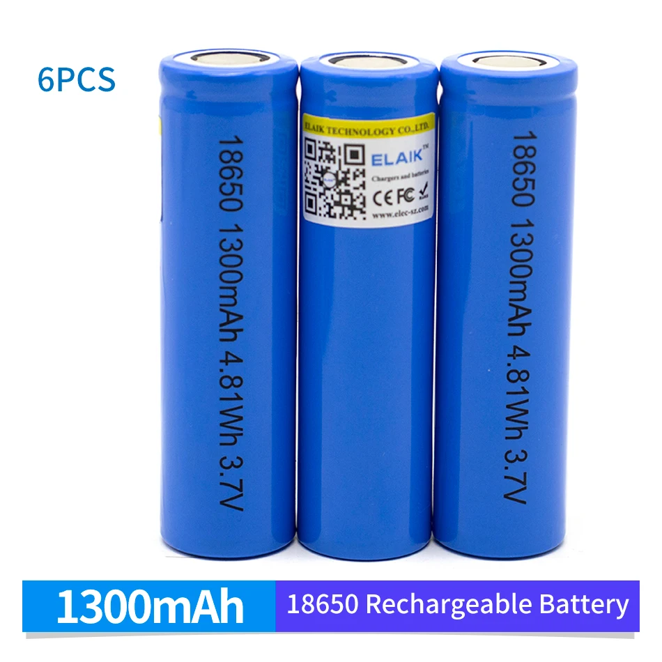 6PCS 18650 1300 mah lithium battery 3.7 V strong light flashlight rechargeable battery