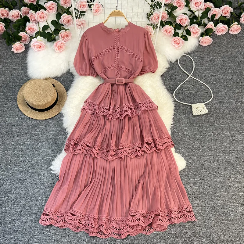 French dress Summer new high-waisted slimming bubble sleeve chiffon patchwork lace cake dress