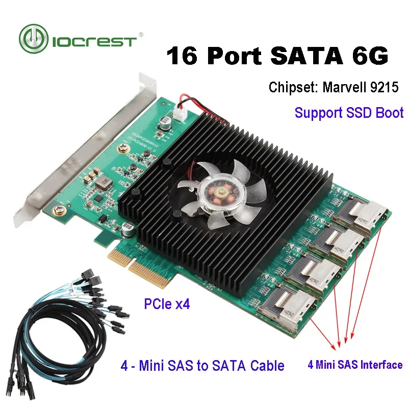 IOCREST 16 Ports SATA 6G PCI Express x4 Controller Card Marvell 88SE9215 Chipset PCIe SATA III 3.0 With Mini SAS to 4 Sata Cable