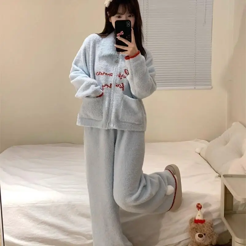 

Korean Version Plush Lapel Half Plush Sleepwear Women's Autumn and Winter New Warm and Thick Cardigan Jacket Home Suit Set Wear