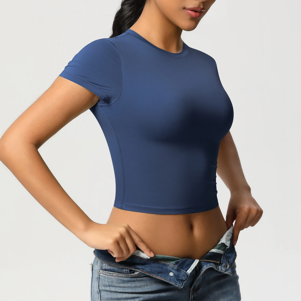 Frauen Sport Shirt Kurzarm Gym Top Workout Kleidung Hohe Elastische Active Wear Femme Lauf Zubehör Fitness T-shirt – Detail 11