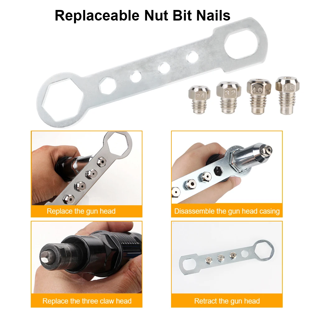 Profissional Riveting Nut Gun Adaptador com substituível Nut Bit, Rebite elétrico Nut Gun Conector, 2,4 milímetros-4,8 milímetros, 3pcs por conjunto