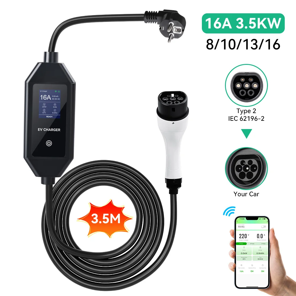 JDMEX 3.5KW Portable EV Charger Type2 16A 1Phase Wallbox EVSE Charger LCD Screen APP Control 3.5M Cable for Electric Vehicle