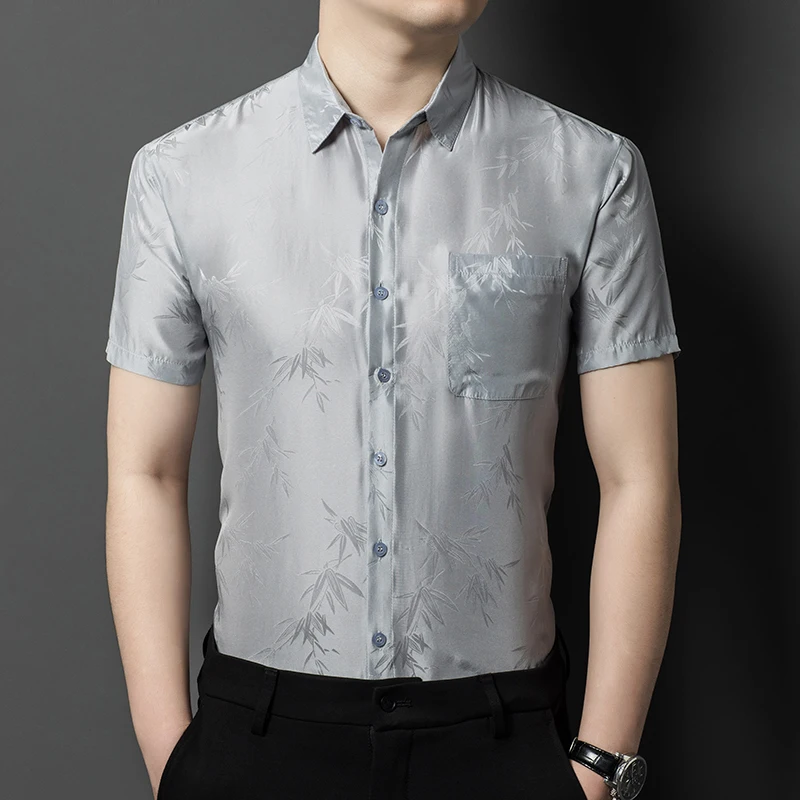 Bamboo Leaves Jacquard Real Silk Shirts For Men Short Sleeve Icy Summer Top Quality Soft Comfortable Easy Care Camisas De Hombre