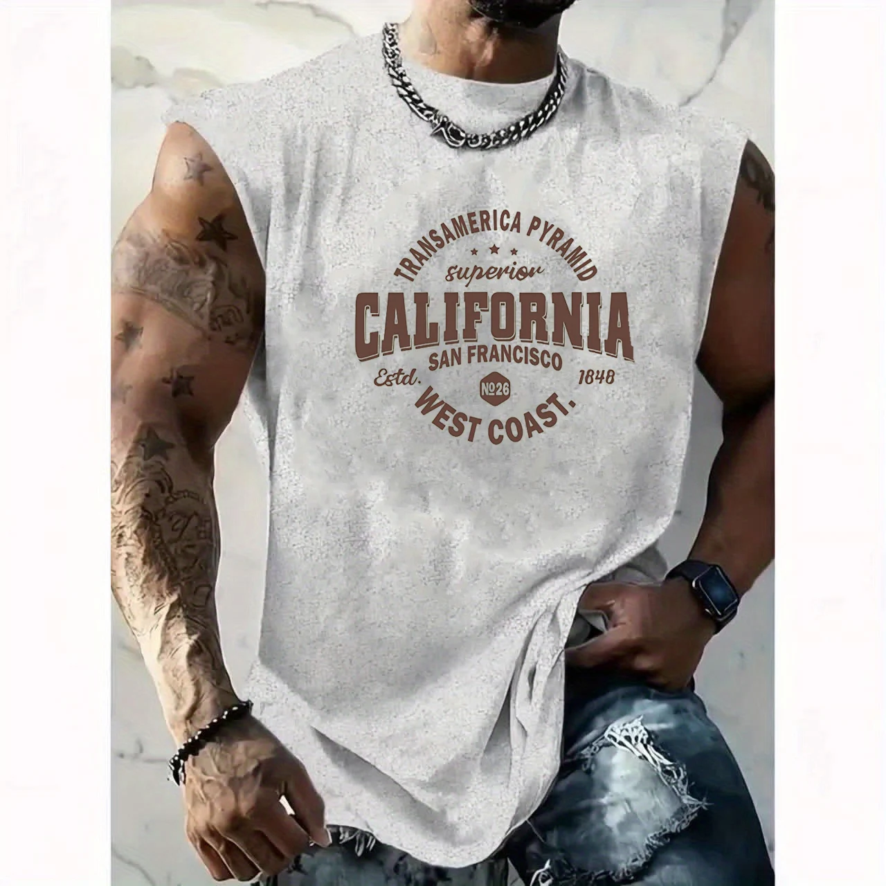 

Men's Summer Leisure Sports Fitness Loose California West Coast Printed Comfortable Breathable Round Neck Sleeveless Tank Top