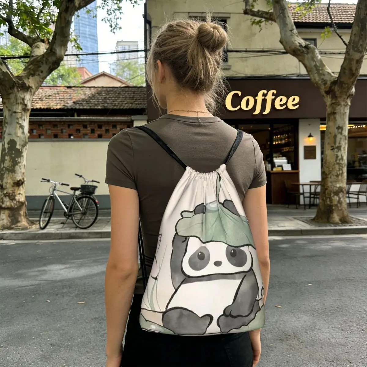 Lotus Flower Cute Panda Pattern Backpacks Fashion Drawstring Bags Sports Bag Book Bags for Travel School