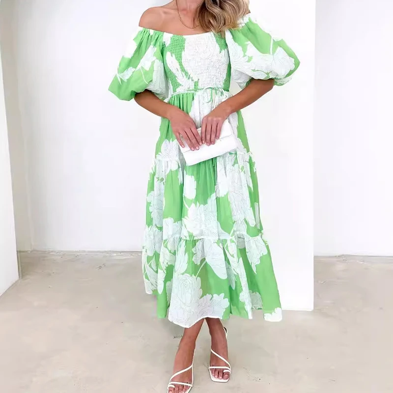 High Quality 2024 Spring Summer Collection One Shoulder Cake Skirt Printed Long Dress  Bubble Sleeves Elegant Dress ﻿