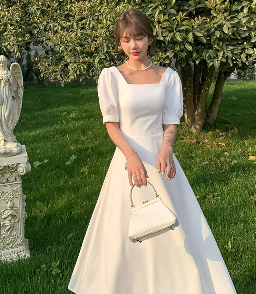 

Elegant Simple Square Neck Tea Length Lantern Short Sleeves Soft Satin Korea Style Wedding Dress ウエディングドレス Wedding Gown 웨딩드레스