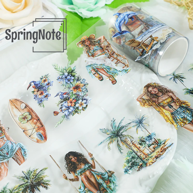 2m Beach Lady PET Washi Tape Sea wave Transparent Roll Stickers Decorative Adhesive Tape For Scrapbooking Journal  loop 100cm