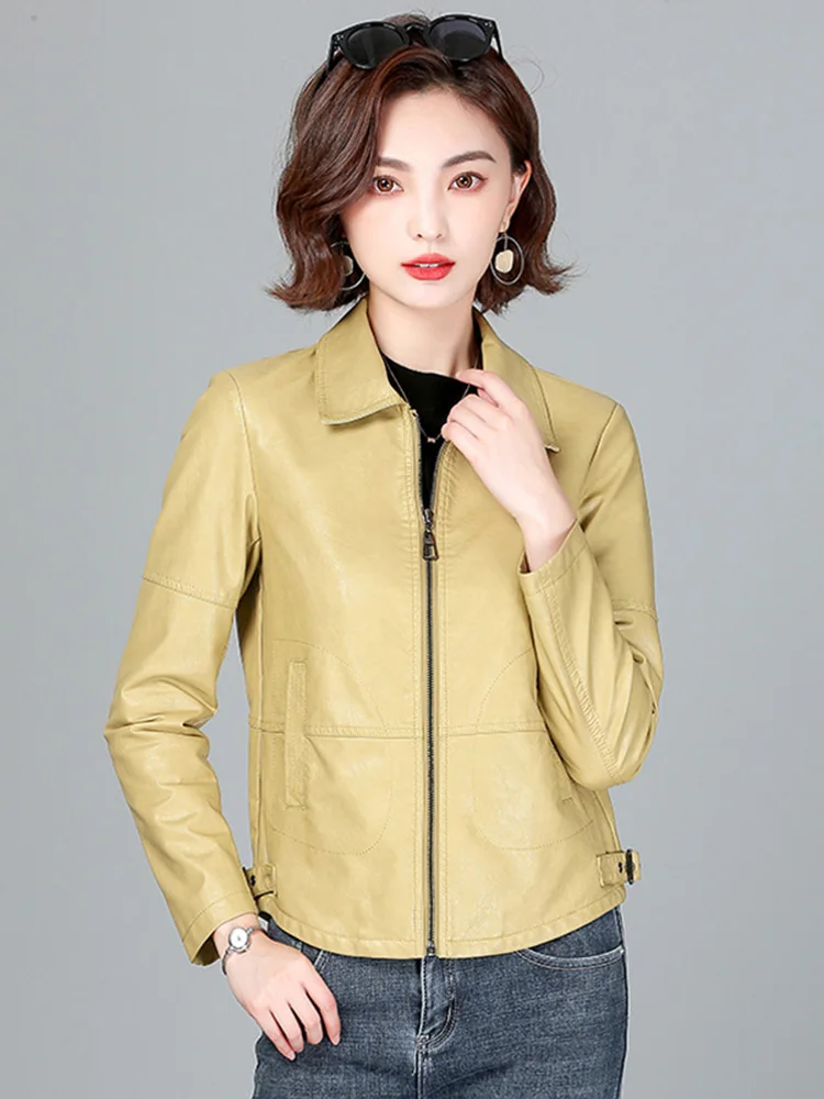 Nuevo Mujeres Chaqueta de piel de oveja Primavera otoño 2024 Moda Casual Manga larga Corto Cremallera Abrigo de cuero Suelto Cuero partido Prendas de abrigo de cuero