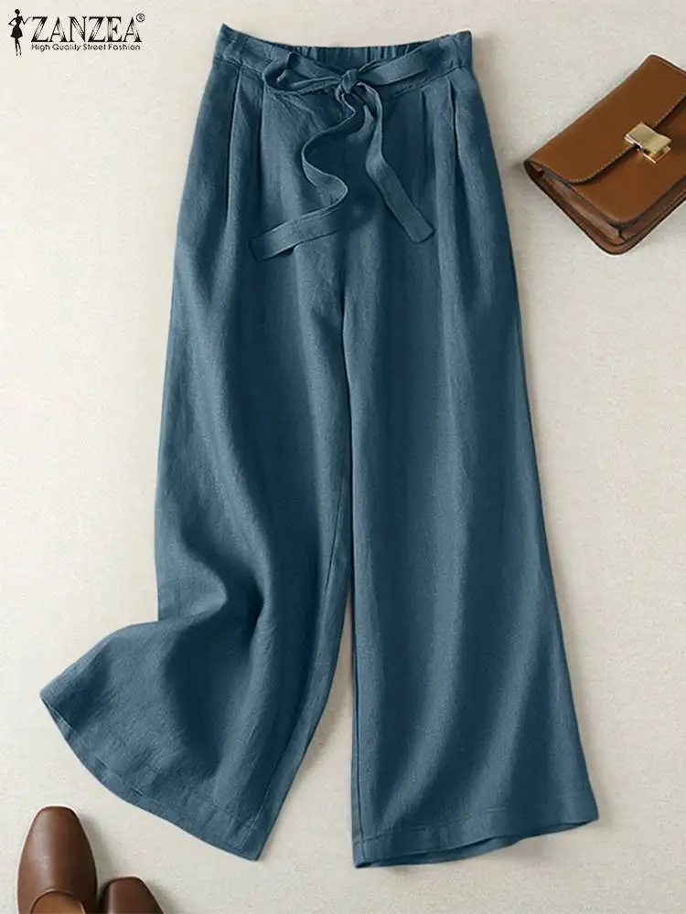 ZANZEA 2024 Summer Trousers Women Spring Wide Leg Pants High Waist Wide Leg Pantalon Casual Solid OL Work Palazzo Baggy Capris