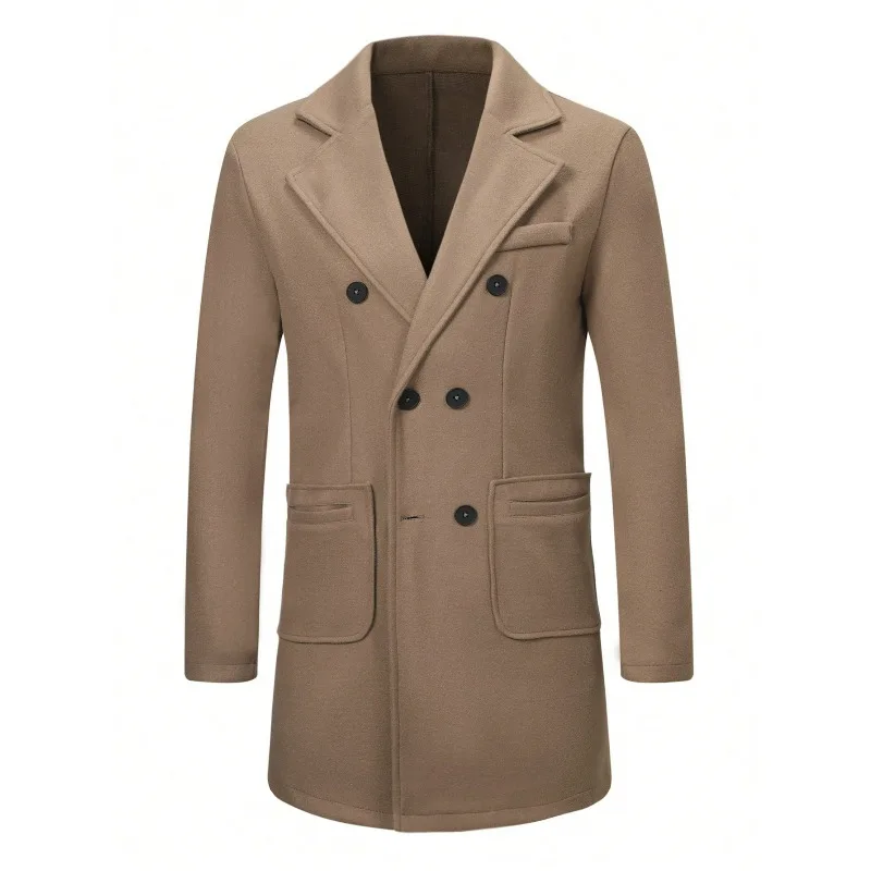 KIDWHXR Herren-Mantel, Herbst-Winter, doppelreihige Jacke aus Wollmischgewebe, Herren, lange Ärmel, mit Taschen, mittellange Länge, lässige Herren-Oberbekleidung. – Detail 14