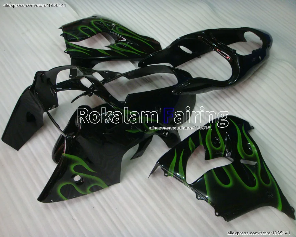 

For Kawasaki Ninja ZX-9R Fairings Kit ZX9R Green Flames Black Body 2000 2001 ZX 9R 00 01 Motorbike Cowling (Injection Molding)