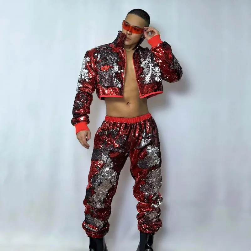 

(Jacket+Pants) Men's Jazz Hip-hop 2 Pieces Set Male Dance Groups Sequins Performance Costume Carnival Festival Stage Rave Outfit