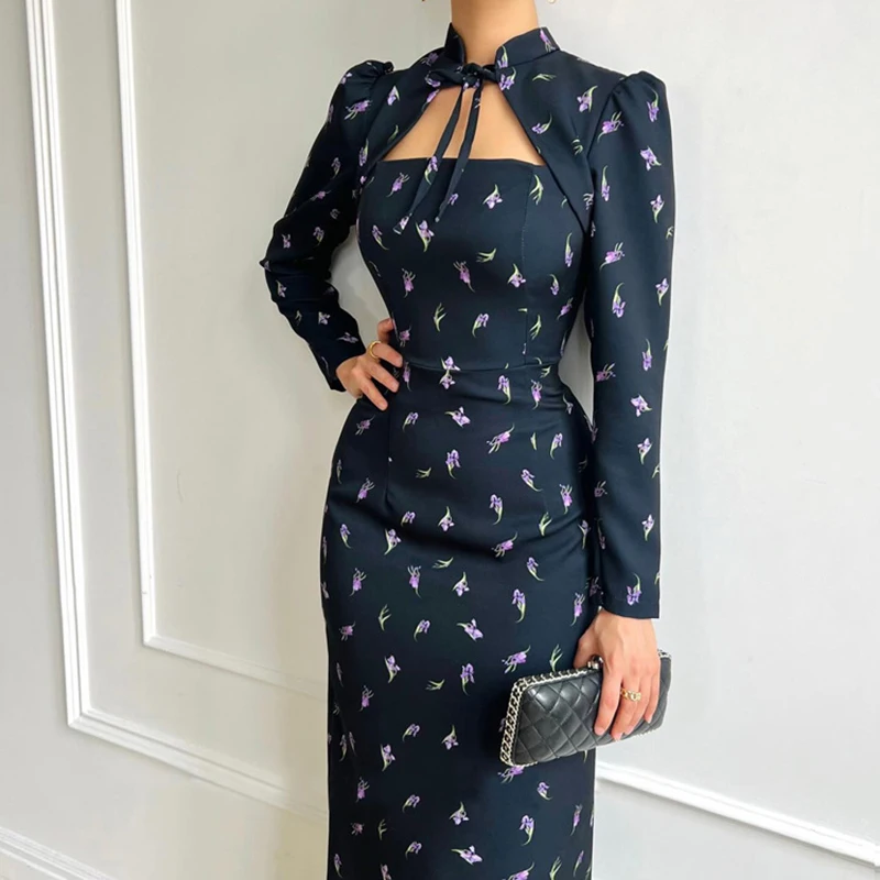 Tornova Elegante Print Lange Mouw Jurk Voor Vrouwen Stand Kraag Lace Up Hoge Taille Split Woon-werkverkeer Maxi Jurk Lady Splice Uitgesneden