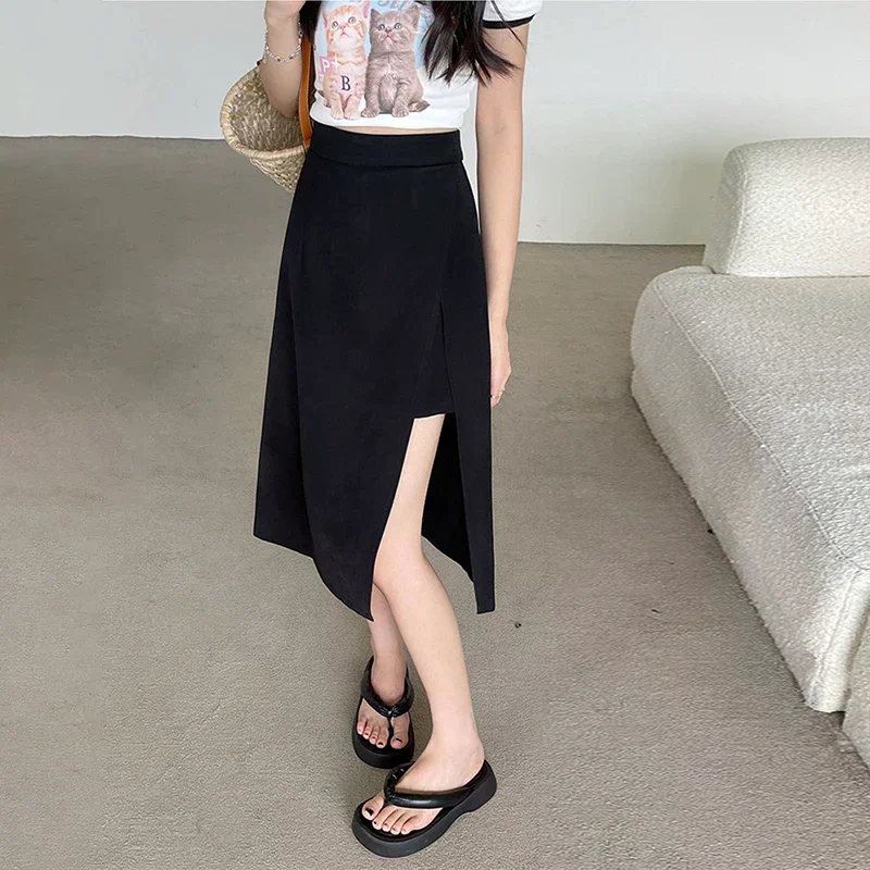 

Irregular Slit Black Skirt Women's Summer Mid-length A-line Skirt High Waist Hip Skirt