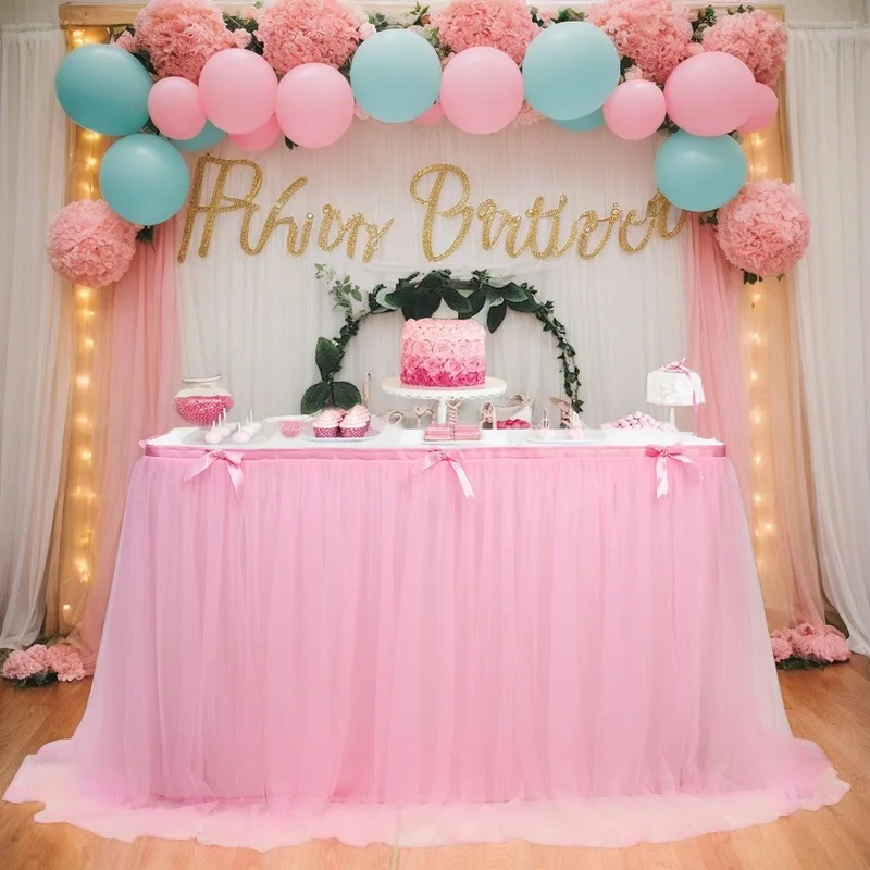 New hot-selling tulle table skirt for birthdays Party Halloween Dessert Table Mesh Pleated Table Skirt