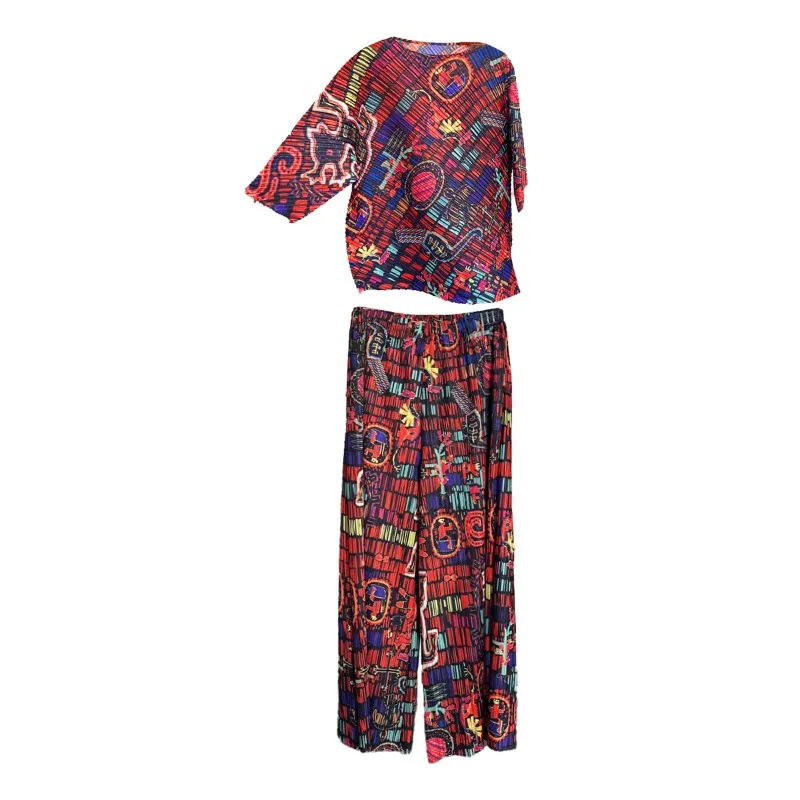 مياكي مطوي الكتابة على الجدران المطبوعة Plisse بنطلون مجموعة النساء 2025 فضفاض موضة رداء علوي غير رسمي السراويل قطعتين تصميم النساء الملابس #5