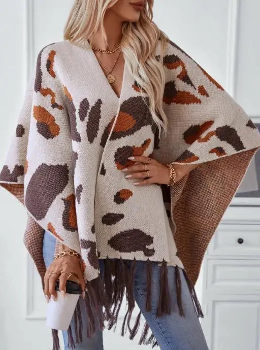 

Fashion Shawl 2025 Drizzle Contrasting Leopard Print Knitted Fringe Cape Shawl Women Autumn/winter Plus Size Loose Sweater Cape