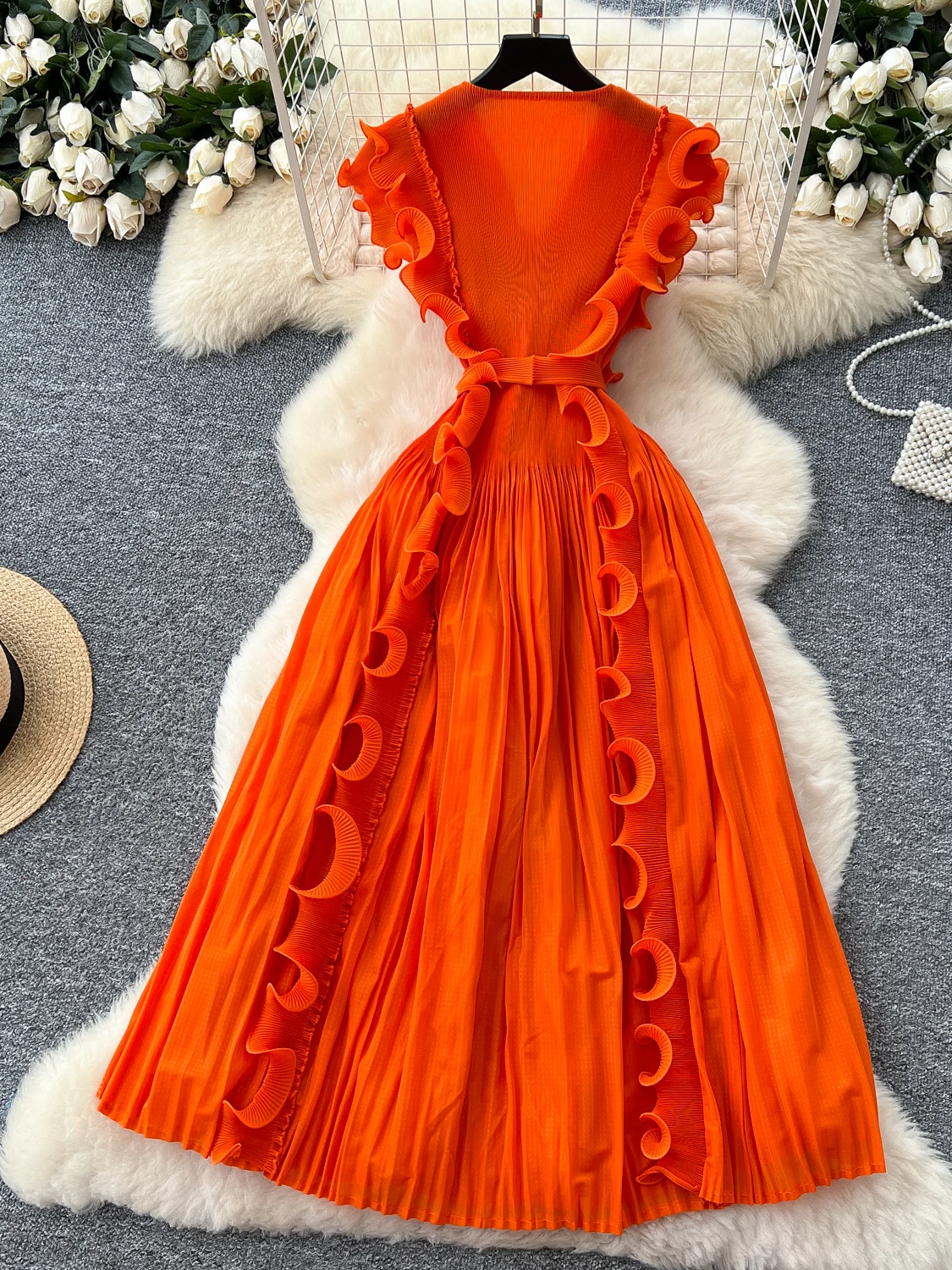 Rétro plissé été Dr femmes Faionable 2025 taille haute a-ligne jupe Midi ruban Svel taille cintrée longue Dr