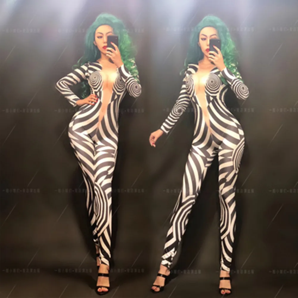 

Customized Oscar Nightclub Bar DS Stage Costume Zebra Stripe Fake Low cut jumpsuit 2023 New Sexy Style Performance Costume