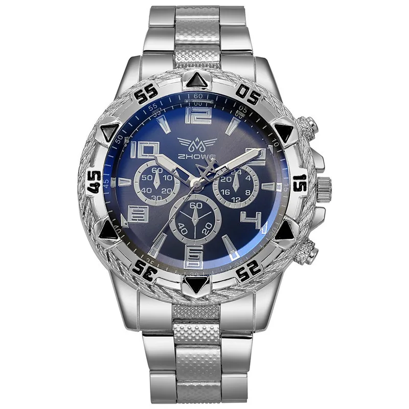 Populair Blauw Licht Glas Heren Horloge Stalen Band Quartz Horloge Digitale Schaal Drie Ogen Horloge