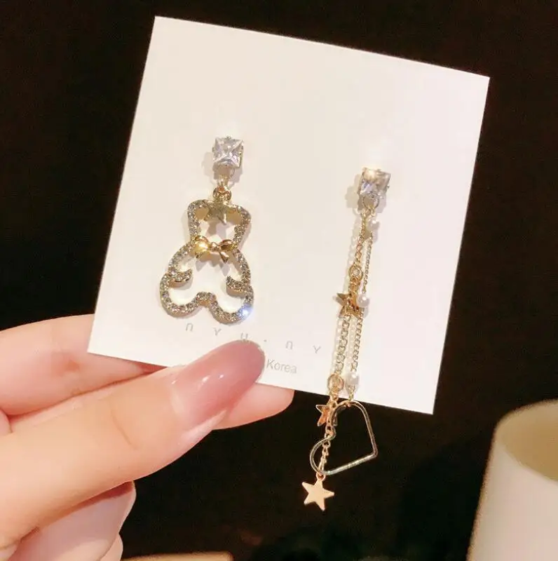 Fashion Crystal Zircon Stud Earrings Woman Simple Cute Star Bear Statement Earring Jewelry Gift  Korean