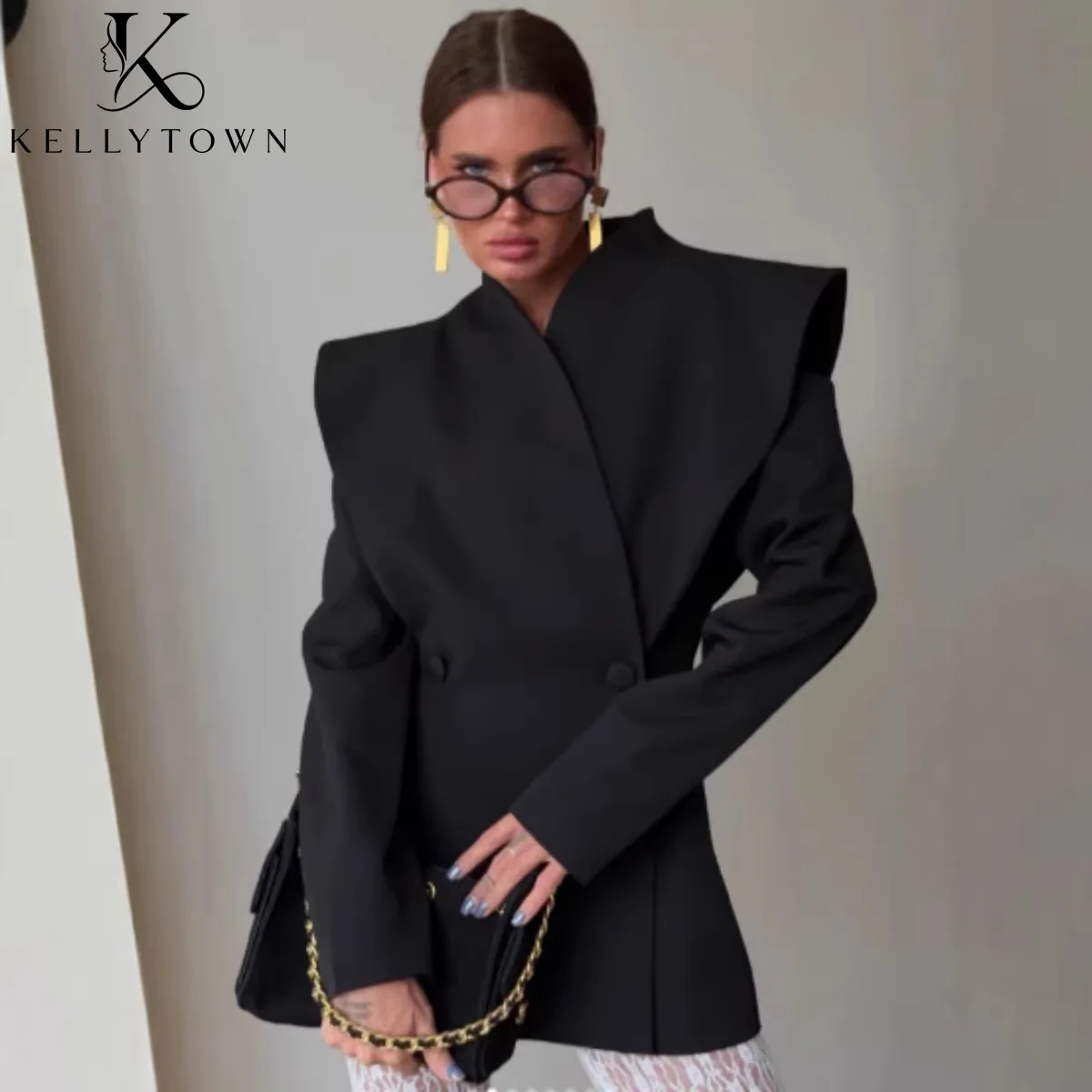 2026 Women Oversized Blazer Shawl Lapel Black Blazer Blouse Autumn Winter Structured Shoulder Waist Cinched Long Sleeve Coats