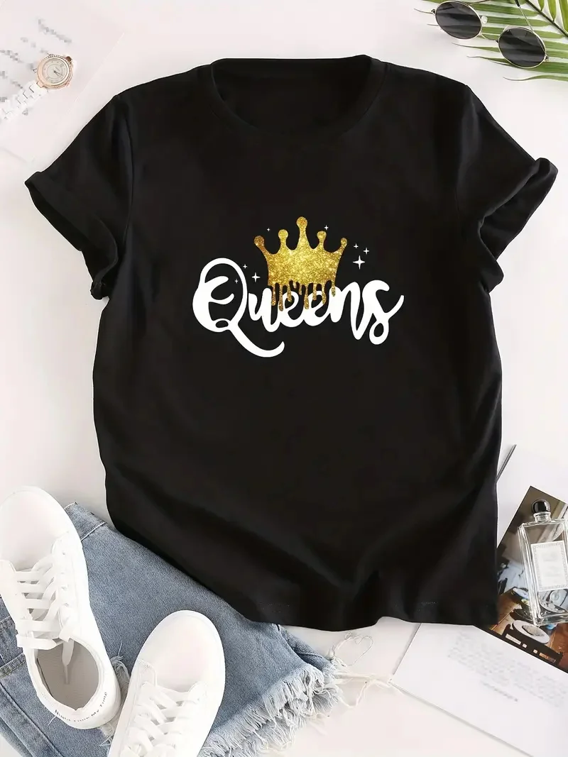 Women's Queen Letter Print T-Shirt, Casual Crew Neck Short Sleeve T-Shirt, Casual Every Day Tops, Women's Clothing