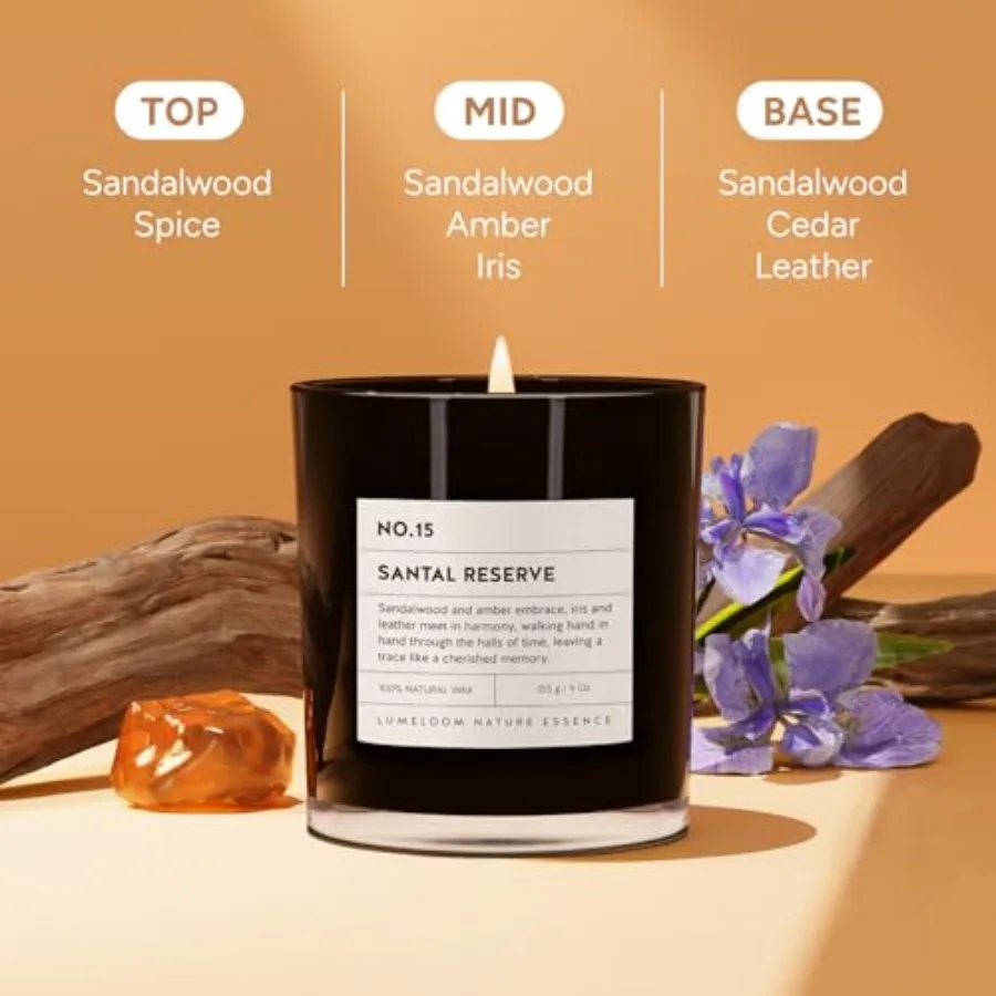 Santal Reserve Luxury Scented Candles, 9oz Soy Wax Candles for Home Scented, Sandalwood, Amber, Iris and Leather Scent, Long Bu - view 2