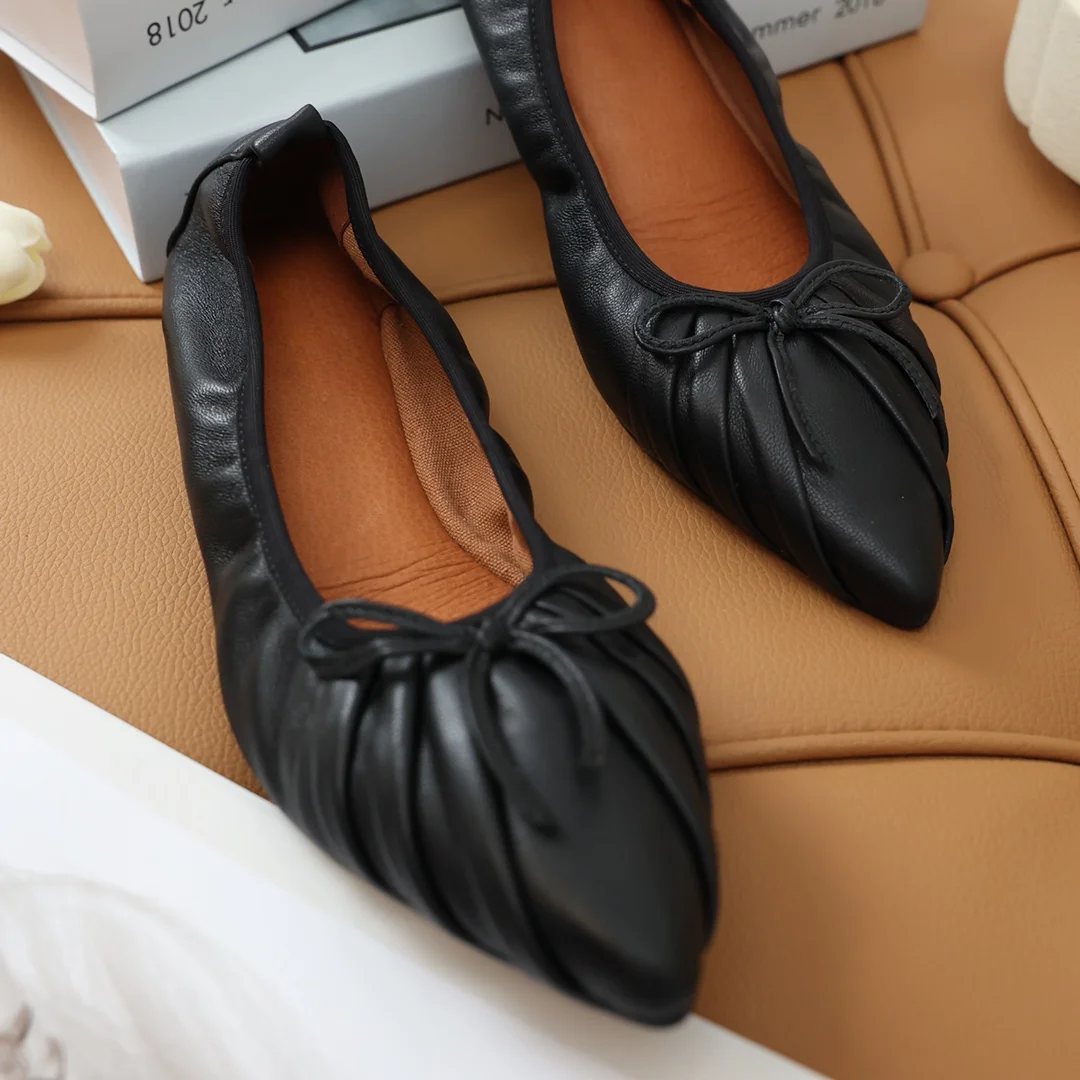 2023 Early Spring New Pleated Bowknot Dancing Shoes Sheepskin Women Shoes