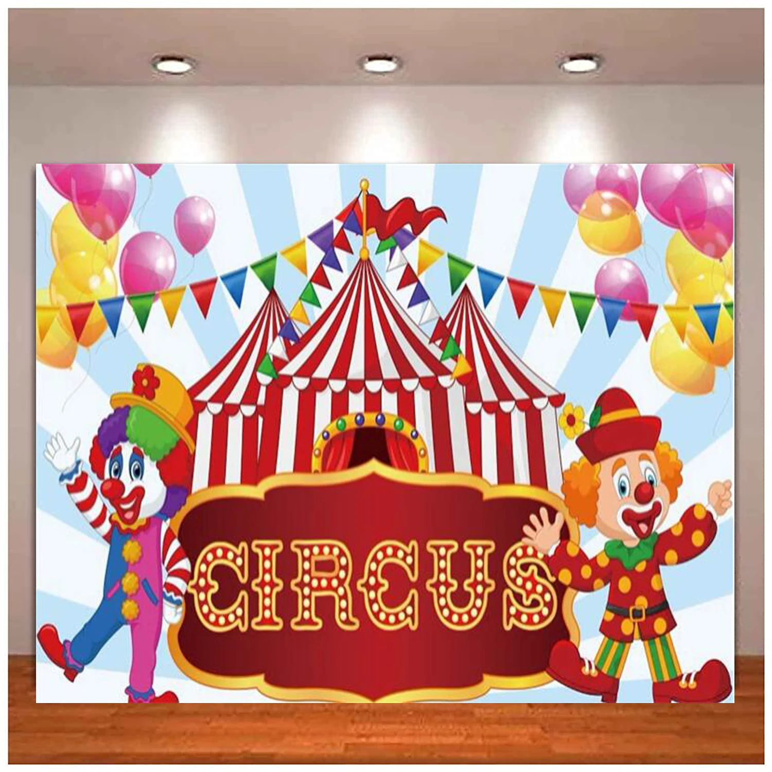 

Circus Photography Backdrop Blue and White Stripes Background Colorful Flags Balloons Clowns Tents Newborn Shower Birthday Party