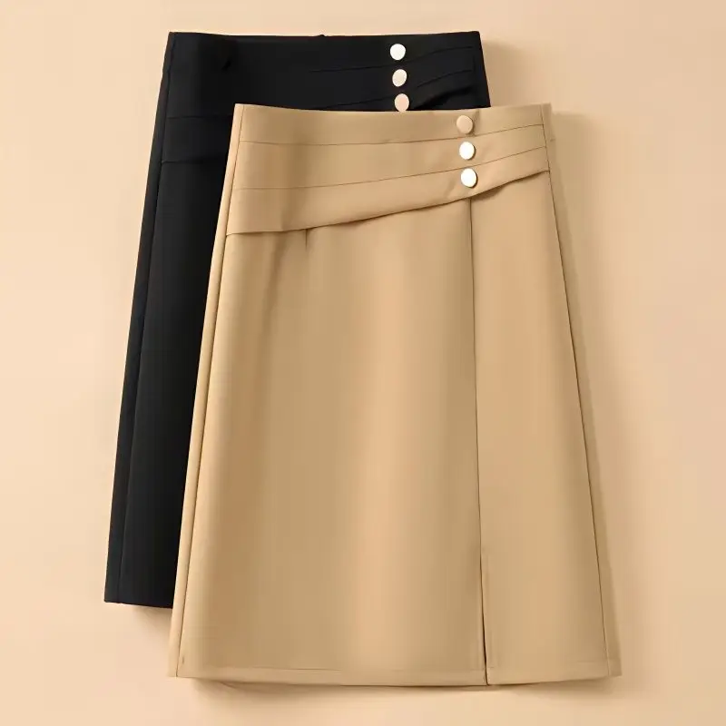 New Spring and Summer Women's Solid High Waist Loose Zipper Button Bag Hip A-Line Fashion Casual All Match Commuter Skirt