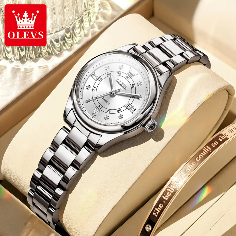 OLEVS 5683 Elegance Quartz Movement Watch For Women Diamond Dial Timekeeping Calendar Window 30m Waterproof Steel Bracelet Watch