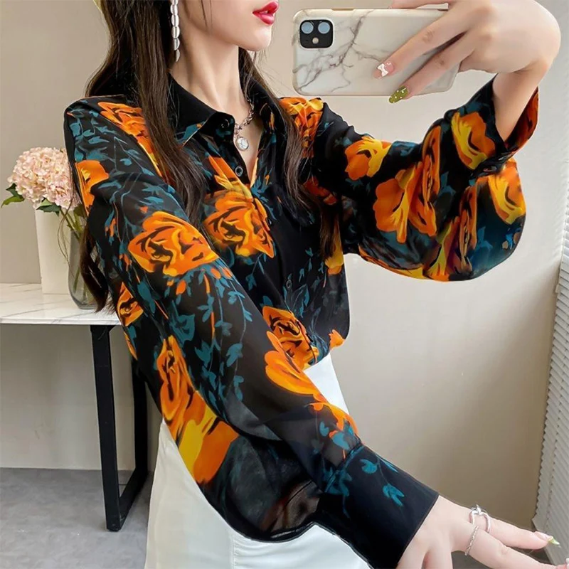 Spring Summer New Turn Down Collar Floral Print Shirt Ladies Lantern Long Sleeve Cardigans Top Women Loose Casual Fashion Blouse