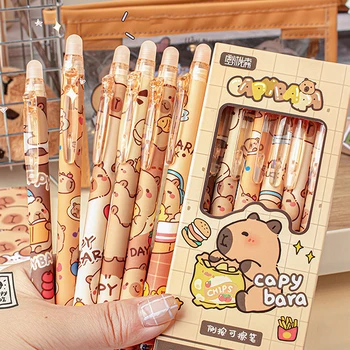 Capybara-Stylos gel bleus effaçables à séchage rapide, ensemble de stylos mignons, fournitures scolaires de bureau, papeterie esthétique Kawaii, 6 pièces