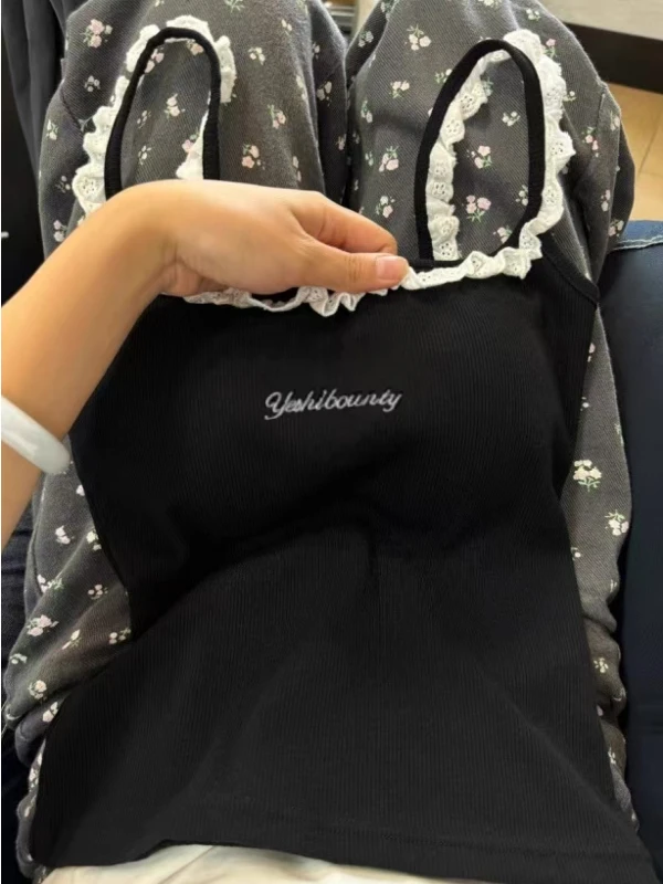 

Женский летний топ Pure Desire с кружевной отделкой, вышивкой букв, облегающий, на бретельках, со вставками для груди, в корейском стиле, для повседневной носки