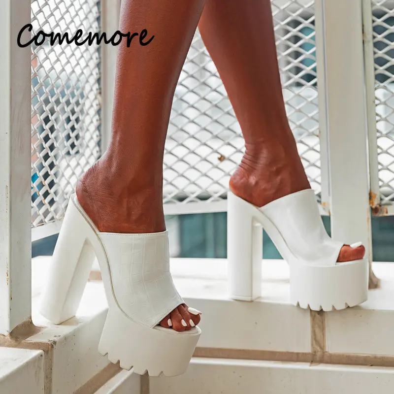 Comemore Black Slippers Platform Slides Sandals for Women Open Toe Sexy High Block Heels White Shoes Breathable Slip on Shoes 41