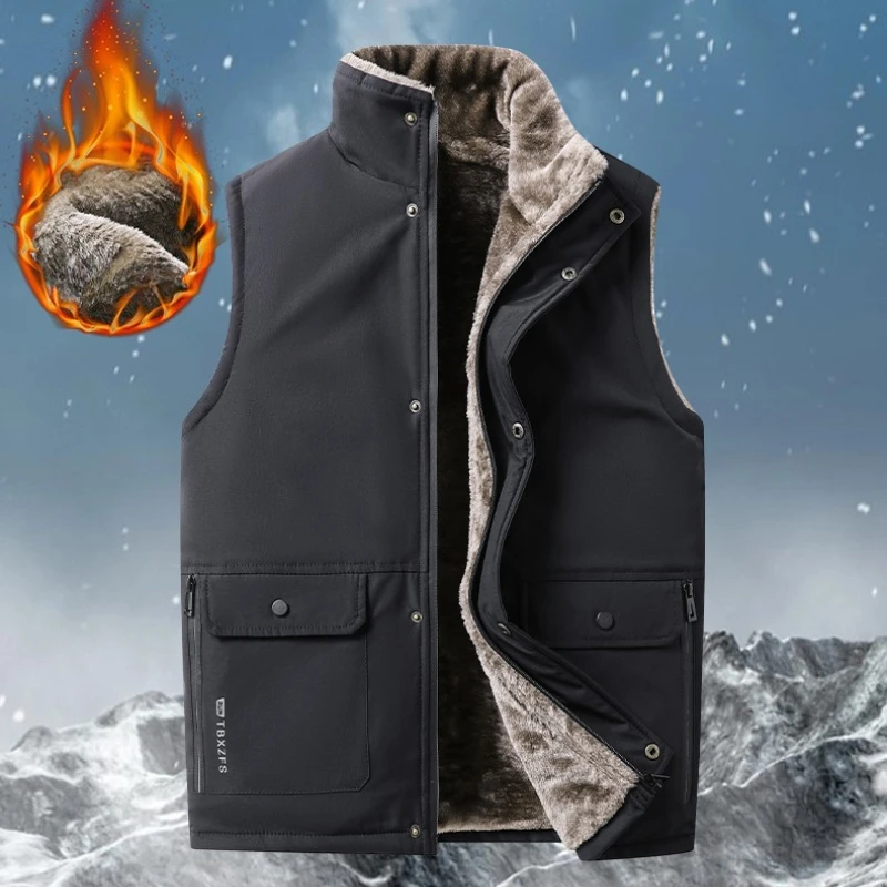 

Winter Men's Sleeveless Coat Fashion Male Warm Waistcoat Fleece Lined Vest Men Casual Photographer Work Outerwear Brand Clothing