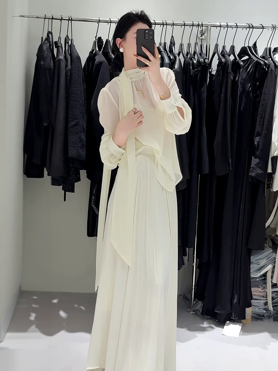 

New Summer Women's High Waist Sash Blouse Sunscreen Skirt Two-Piece Set Gentle Wind High-End Feeling Cotton Fashion Set