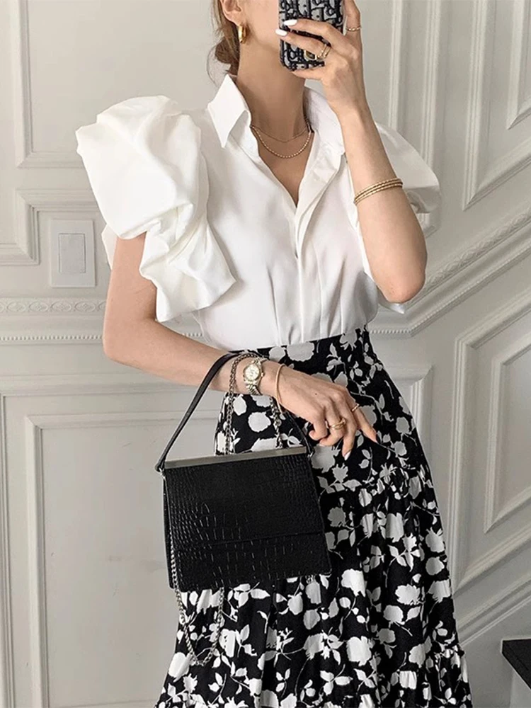 قميص نسائي بأكمام فقاعية بقصة ضيقة، نمط قصير، أبيض، كاجوال، عصري، صيفي، وصل حديثًا، ملابس مكتبية، ألياف البوليستر