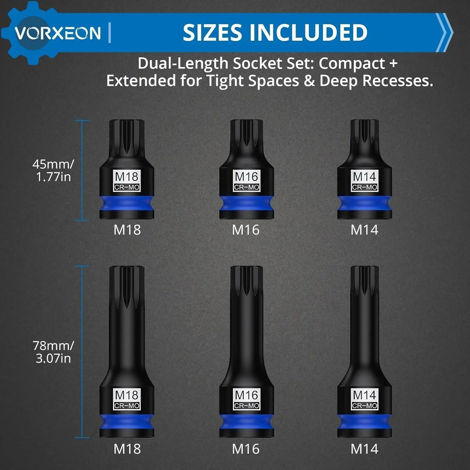 1/2 "محرك ثلاثي مربع سبلاين تأثير بت مآخذ مجموعات طويلة وقصيرة، 6 قطع XZN المقبس 42 Cr-Mo M14 M16 M18