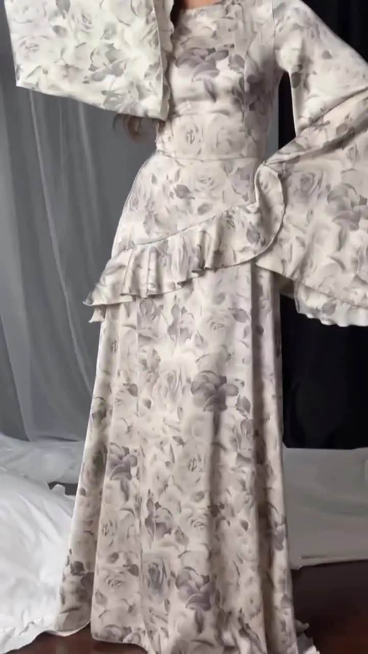 Luz de luxo mangas largas em torno do pescoço elegante moda criativa impresso design vestidos elegante vestido de baile senhora magro ajuste vestido