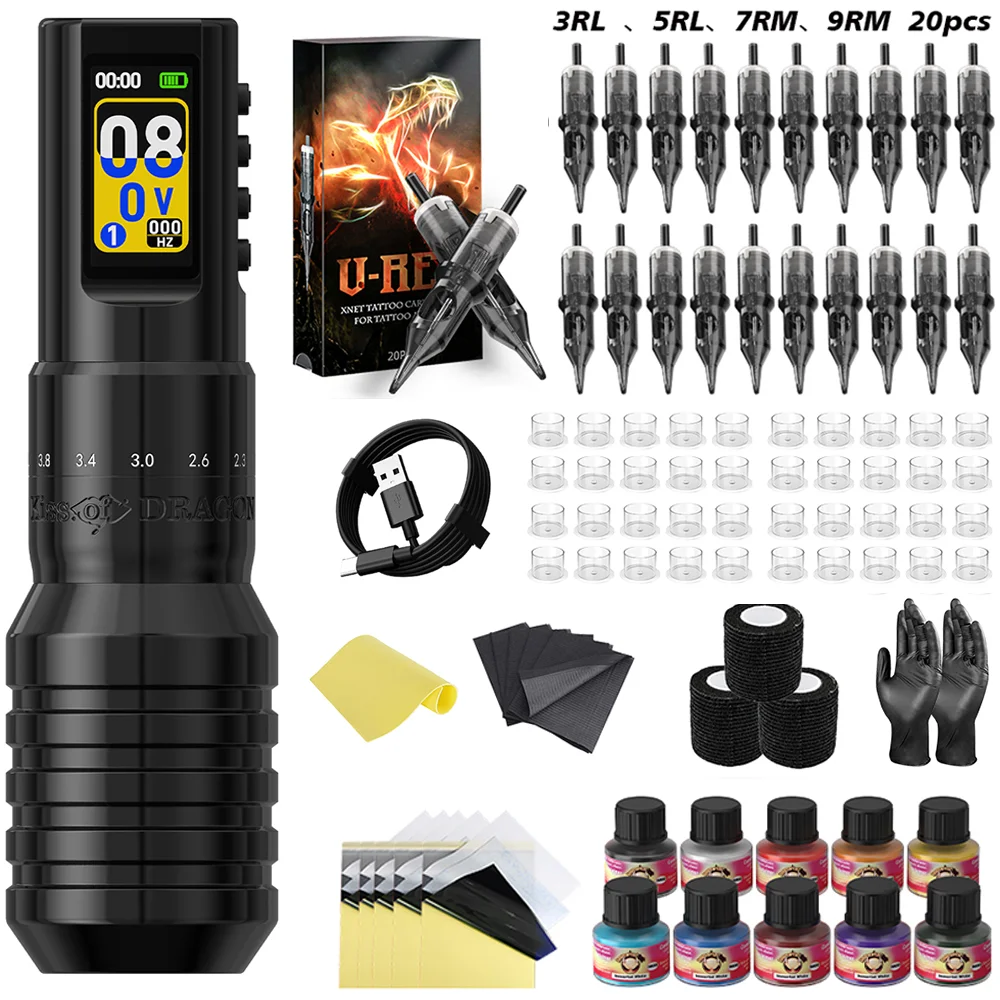 

Tattoo Kit Kiss of Dragon Wireless Tattoo Machine Pen Kit Adjustable Stroke Custom Motor 1600mAh LCD Screen For Tattoo Gun Kit