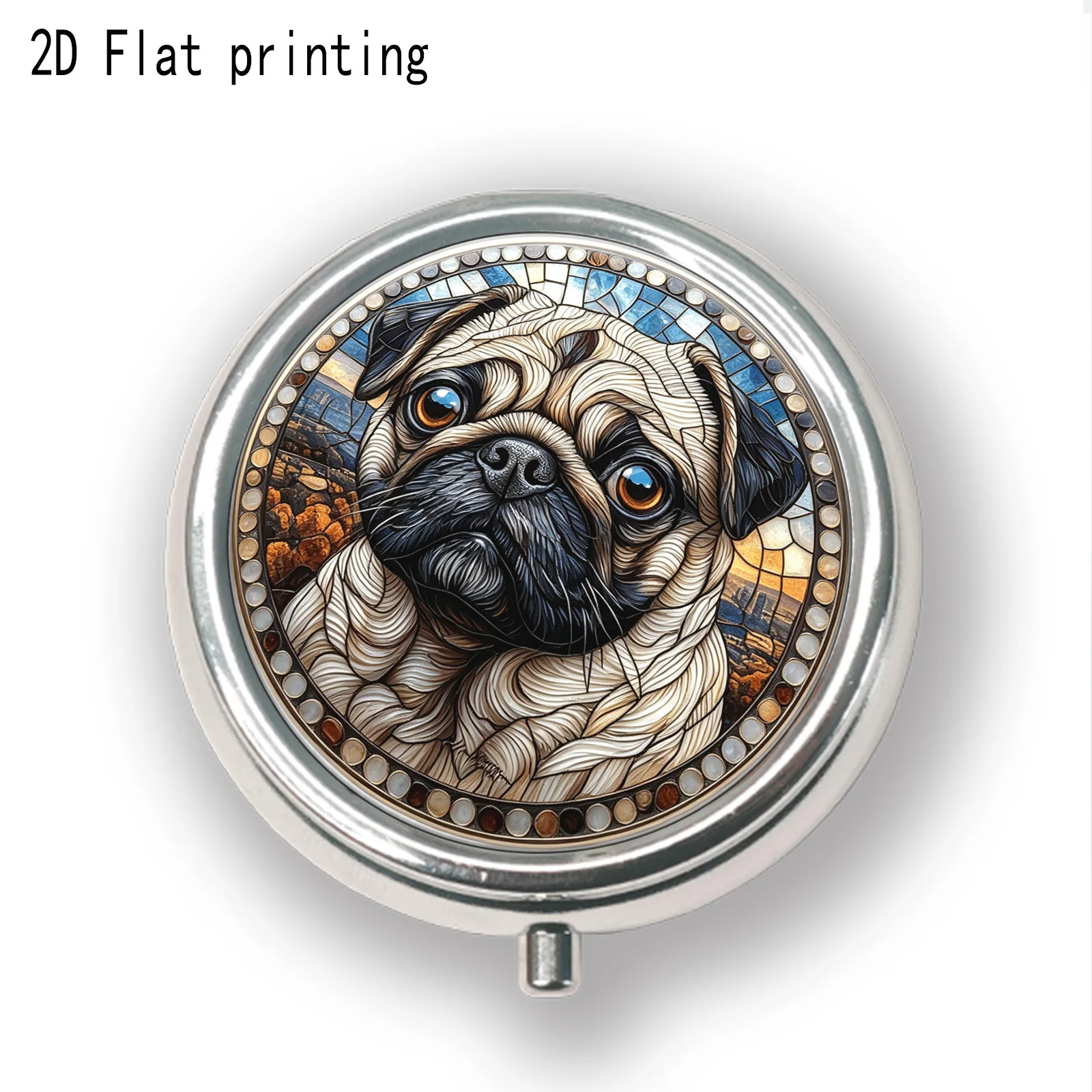 A new artistic style metal box with a pug dog pattern, a three-compartment portable travel vitamin storage box, durable and unique, suitable for both men and women, decorative box