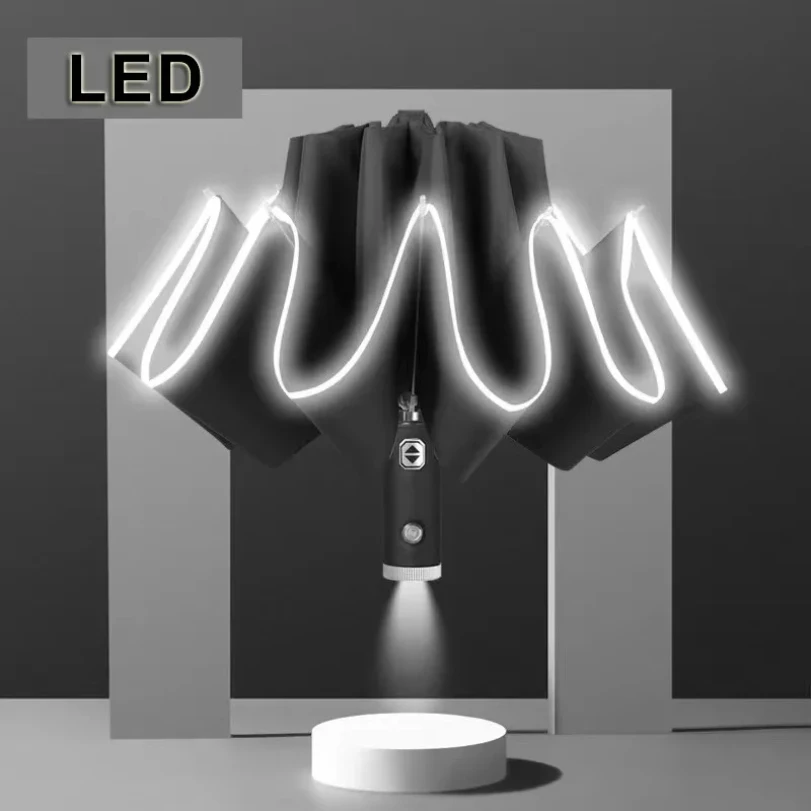 LED Umbrella Male Fully Automatic Reverse Umbrella Female Dual Purpose Folding Automatic Umbrella Large Size - Image 2