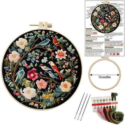 Embroidery Kit for Beginners Flower Bird Embroidery Starter Kit Stitches Practice Kit Stamped Cross Stitch Sets with Tools