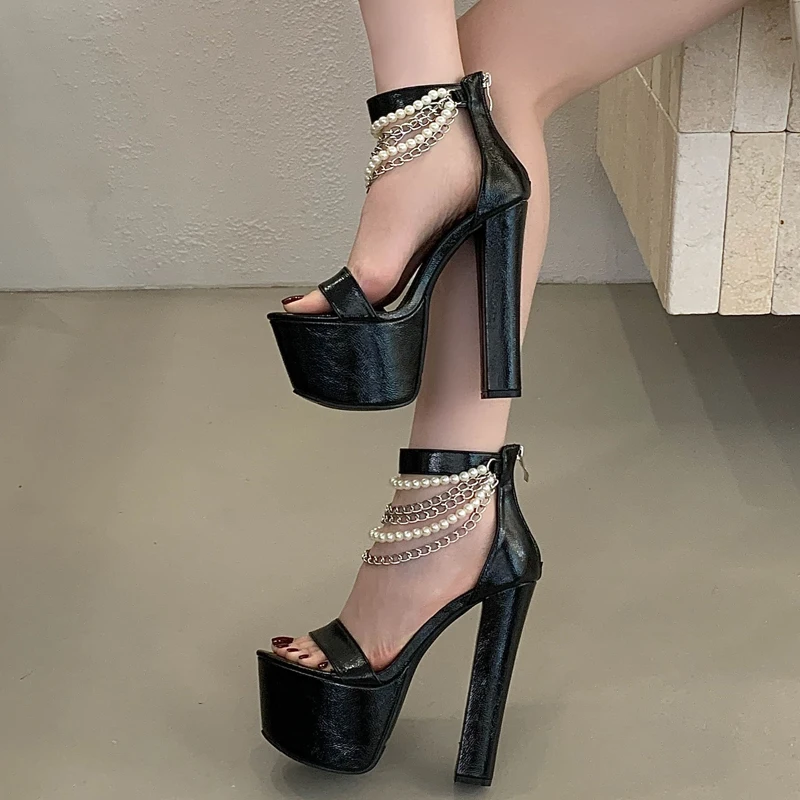 Women's Black PU Pearl Chain Decor Platform Heels, Open Toe Back Zipper Ankle Strap Chunky Block Heel Nightclub Party Footwear