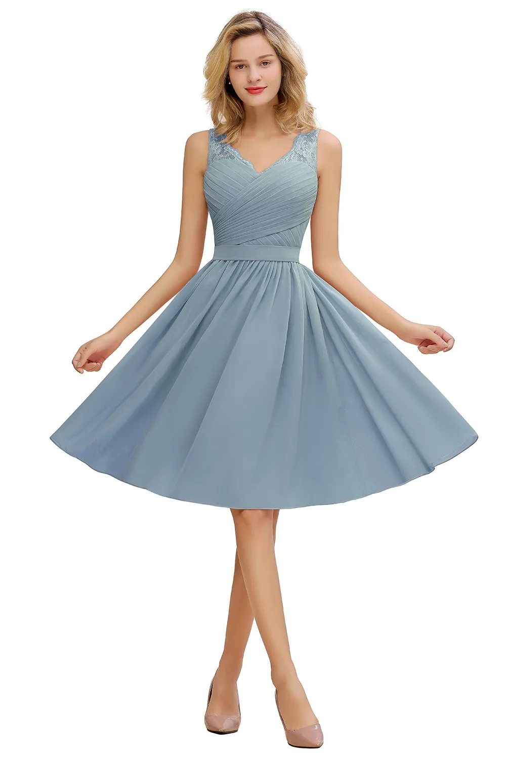 Venda quente chiffon rendas vestidos de dama de honra plissado decote em v curto formal festa de casamento vestido de baile para noiva cocktail vestidos