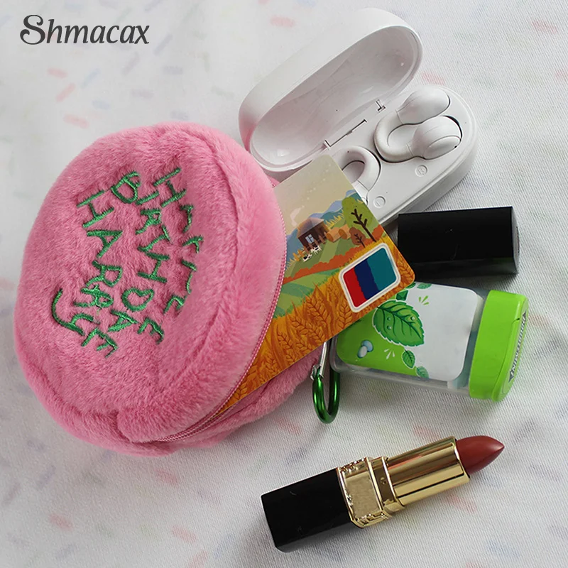 Pink Mini Round Small Makeup Bag Coin Purse Earphone Cord Storage Bag Cute Plush Cake Bag Portable Purse Coin Pouch Storage Bag